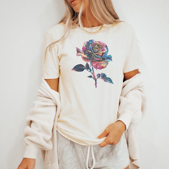 Colorful Rose TShirt Unique Floral Graphic Tee - Picture 3 of 7